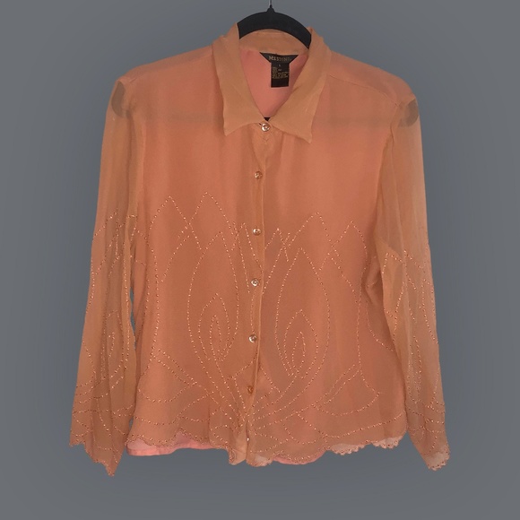 Silk Salmon Button Up With Embroidered Detail - Picture 1 of 8